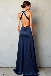Marineblaues Satin Abendkleid mit tiefem V-Ausschnitt und Schlitz